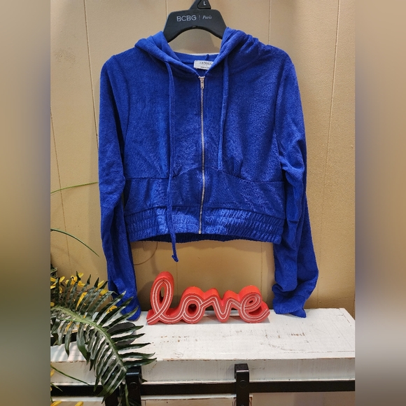 Nwot Zenana Outfitters Blue Terry Cloth Zip-Up Jacket/ Shorts - Picture 1 of 6